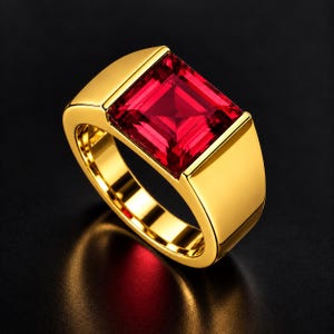 Puede incluir: Un anillo de oro con una gran piedra preciosa roja rectangular facetada engastada en el centro. La banda es lisa y pulida, con un diseño ancho y sólido que se estrecha ligeramente hacia la parte inferior. La piedra roja vibrante refleja la luz.