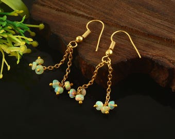 Floating White Opal Chain Dangle Earrings, Delicate Tiered Gold Chandelier Drops, Natural Fire Opal | Anniversary Gift | Jewelry For Women