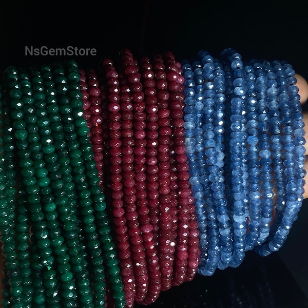 Blue Sapphire, Ruby, Emerald Faceted Beads, 4mm Ronddle Beads, Gemstone Beads, Polished and Drilled, Jewelry Making Beads