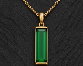 Emerald Elongated Pendant Necklace, Long Rectangular Stone, 18k Gold Vermeil Solid 925 Silver Jewelry, Handmade Jewelry, Necklace for Gift