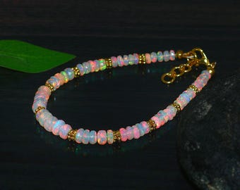 Natural Opal Beaded Bracelet: Roundel Fire Beads | Handmade Jewelry | Gift For Her, Him| Birthstone Bracelet