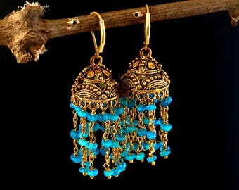 Handcrafted Blue Fire Opal Cascading Earrings, Victorian Gold Filigree Chandelier Tassel Drops, Ethereal Gemstone| Statement Jewelry For Her