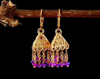 Mesmerizing Purple Opal Beaded Pyramid Chandelier Earrings | Artisan Cone Shaped Gold Dangle Earring | Birthday Gift | Earrings For Women