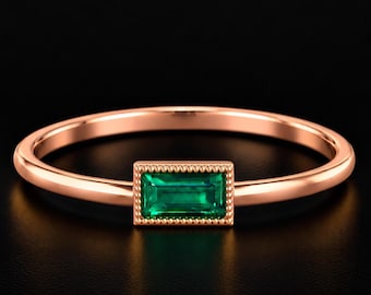 Classic Emerald Baguette Ring, 18k Rose Gold Vermeil 925 Silver Band, Minimalist Ring, Handmade Birthstone Jewelry, Dainty Ring for Women