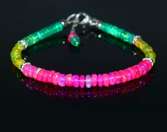 Elegant Colorful Opal Beaded Charm Bracelet |Handcrafted Neon Rainbow Rondelle Gemstone with Silver Spacer|Anniversary Jewelry |Gift for Her