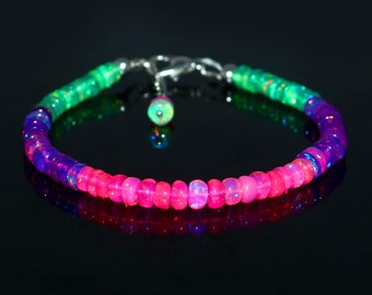 Natural Ethiopian Fire Opal Beaded Bracelet | Classic Green, Royal Purple & Magenta Pink Rondelle Beads | Anniversary Jewelry | Gift For Her