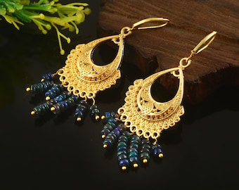 Ethnic Black Opal Chandelier Dangler Earrings |Dark Iridescent Gold Beaded Drops | Birthday Gift Earring | Handcrafted Jewelry |Gift For Her