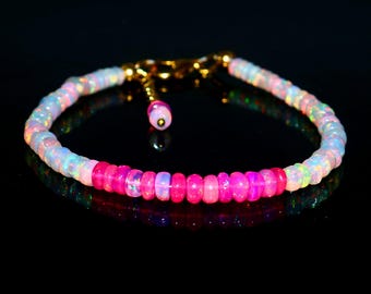 Natural White & Pink Ethiopian Opal Beads Bracelet | Dainty Rainbow Fire Opal Gemstone | Handmade Gemstone 925 Silver Jewelry | Gift For Her