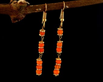Sunset Radiance Orange Fire Opal Linear Drop Earrings | Anniversary Gift |  Quiet Luxury Edgy Minimalist Earrings | Gift For Women