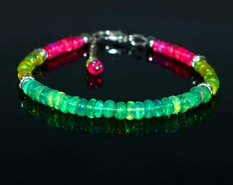 Natural Pink Opal Bracelet, Lime Yellow & Green Beads Bracelet | Sterling Silver Bracelet |Anniversary Jewelry | Handmade Gemstone Jewelry