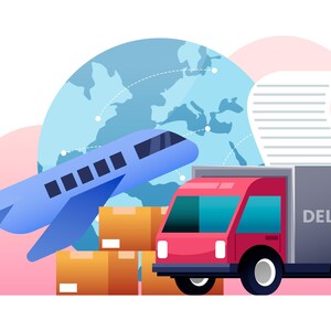 Puede incluir: Un avión azul volando sobre un globo terráqueo con un camión de reparto rojo y cajas debajo. El camión tiene la palabra "DELIVERY" en el lateral.
