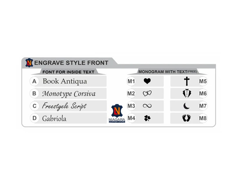 Puede incluir: Un gr&aacute;fico con opciones para el estilo de grabado frontal. El gr&aacute;fico muestra cuatro opciones de fuente para el texto interior: Book Antiqua, Monotype Corsiva, Freestyele Script y Gabriola. El gr&aacute;fico tambi&eacute;n muestra ocho opciones de monograma con texto: coraz&oacute;n, dos corazones, s&iacute;mbolo de infinito, tr&eacute;bol, cruz, esmoquin, luna creciente y huellas.