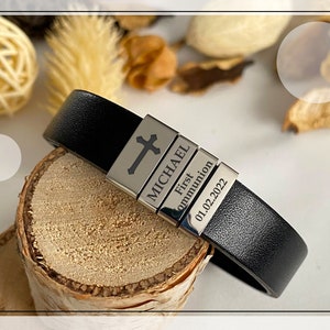 Boys First Communion Gift Engraved Leather Bracelet ADJUSTABLE COMMUNION GIFT image 1