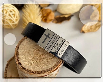 Engraved Leather First Communion Bracelet - Sterling Silver Charm, Adjustable