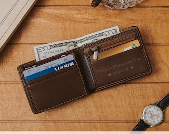 Engraved Leather Wallet, Personalized Gift for Dad