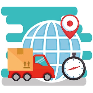 Peut inclure: Un camion de livraison rouge avec une bo&icirc;te brune &agrave; l'arri&egrave;re, un globe terrestre bleu avec une &eacute;pingle de localisation rouge et un chronom&egrave;tre noir avec une aiguille rouge.