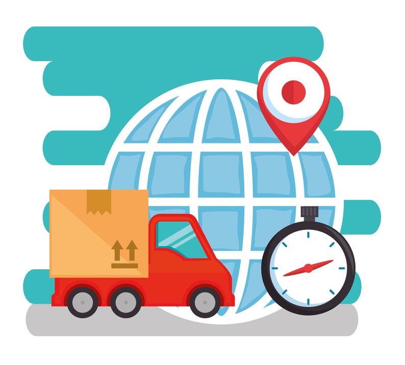 Peut inclure: Un camion de livraison rouge avec une bo&icirc;te brune &agrave; l'arri&egrave;re, un globe terrestre bleu avec une &eacute;pingle de localisation rouge et un chronom&egrave;tre noir avec une aiguille rouge.
