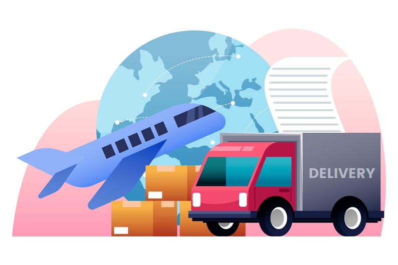 Peut inclure: Un avion bleu volant au-dessus d'un globe terrestre avec un camion de livraison rouge et des bo&icirc;tes en dessous. Le camion porte l'inscription "DELIVERY" sur le c&ocirc;t&eacute;.