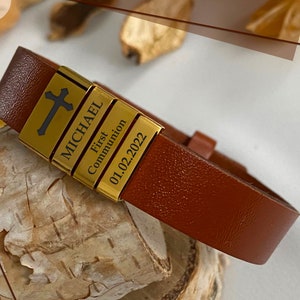 Boys First Communion Gift Engraved Leather Bracelet ADJUSTABLE COMMUNION GIFT image 2