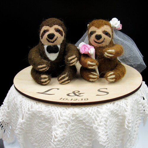 Brown Sloth Wedding cake topper groom shops and bride sloth needle felted animal wedding cake topper