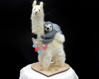 Llama and sloth Wedding cake topper groom and bride llama needle felt alpaca wedding cake topper animal sloth figurine