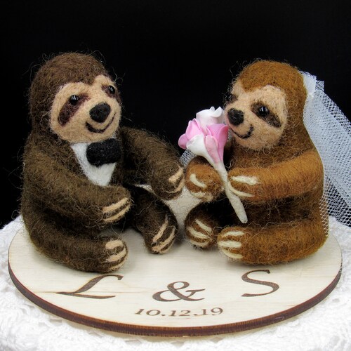 Brown Sloth Wedding cake topper groom shops and bride sloth needle felted animal wedding cake topper