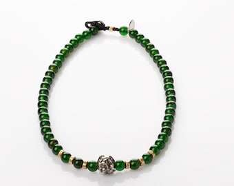green agate beaded necklace combined GOLD 14 beads and silver 925 raw stone.