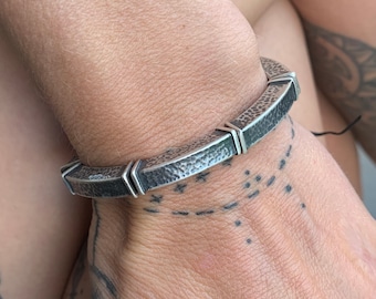 Unisex Large Statement Sterling Silver Leather Metal Bracelet, Silver Bracelet Men