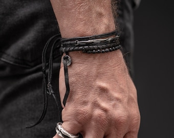 Onyx & Lava Stone Leather Wrap Bracelet Set: Sterling Silver Accent