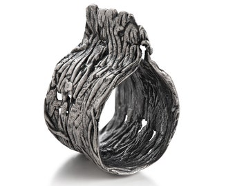 Anillo de puño para el dedo meñique de plata de ley oxidada: Anillo tipo armadura unisex