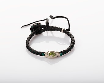 Hand Braided Black Leather Bracelet: Sterling Silver & Peridot