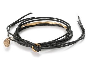 14k Gold Bar Wrap Bracelet: Unisex Black Cotton Tribal Jewelry