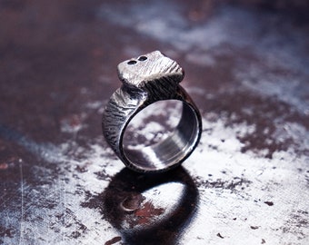 Oxidized Sterling Silver Pinky Ring: Hand-Carved Cube, Black Diamond Accent