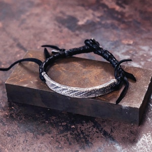 Sterling Silver and Leather Bar Bracelet,  Men&#39;s Leather Bracelet, Leather Accessories for Men