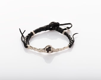 Hand Braided Black Leather Bracelet: Smoky Quartz & Sterling Silver