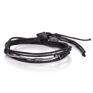 Adjustable Oxidized Silver and Black Cotton Multi-Layer Bracelet