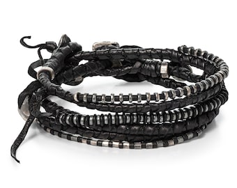 Handmade Black Leather Bracelet Stack: Sterling Silver Accent Beads