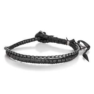 Hematite Leather Bracelet, Homme Jewelry, Black Jewelry, Dark Boho Bracelet, Silver Bracelet, Gift for Him, Gift for Her, Hematite Jewelry