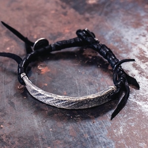 Oxidized Sterling Silver & Black Leather Bracelet: Brutalist Bar Bracelet