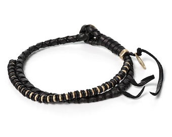 Handmade Braided Leather Bracelet: 14k Gold & Onyx Beads