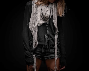 Hand Dyed Organic Cotton Gray Scarf: Avant Garde Tribal Shawl