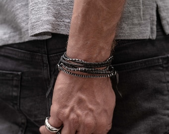 Black Leather Bracelet Stack: Lava & Hematite Beads, Sterling Silver Toggle
