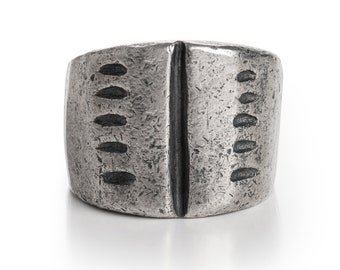 Hand Carved Oxidized Sterling Silver Wide Band Ring