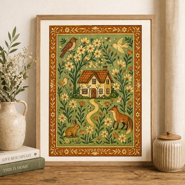 Folk Art Cottage Wall Art Printable, Vintage Woodland Animal Print, Storybook Garden Illustration, Cottagecore Decor, Framed Border Art