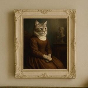 Victorian Tabby Cat Wall Art – Whimsical Printable of Cat in Dress, Vintage Noble Cat Portrait for Bedroom, Office, or Gallery Wall Decor