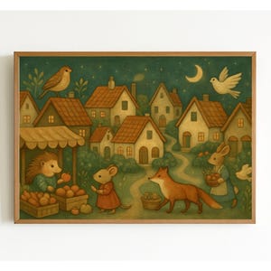 Whimsical Village Wall Art – Cozy Cottagecore Landscape Printable for Kitchen, Living Room, or Entryway, Country Digital Download Decor