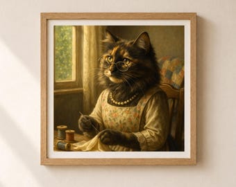 May include: A framed print depicts a cat dressed in a floral apron, glasses, and a pearl necklace, sewing with thread and a needle. The cat is seated at a table with spools of thread, near a window. The artwork has a vintage aesthetic.