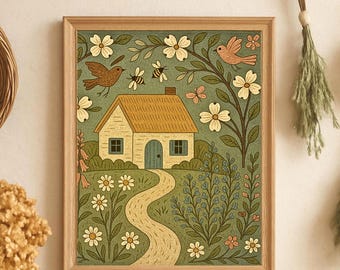 Volkskunst-Cottage-Druck, verspielte Gartenszene, Vintage-Cottagecore-Landschaft (Digitaler Download)