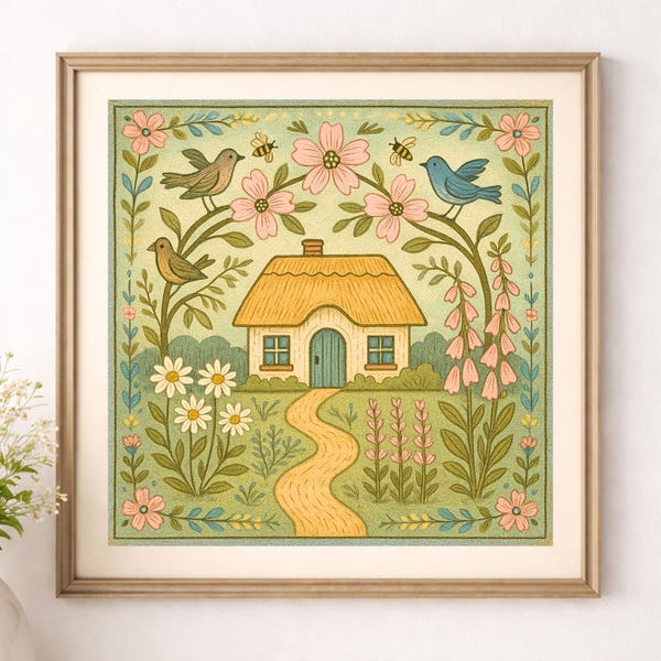 Folk Art Cottage Wall Art Printable, Cottagecore Decor, Vintage Spring Garden Print, Whimsical Floral Cottage Art, Nursery Wall Art