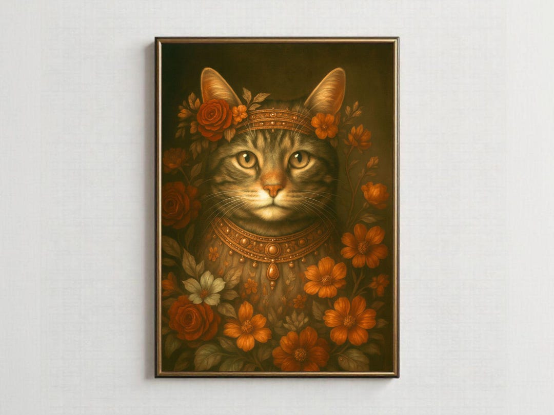 Floral Tabby Cat Portrait: Boho Wall Art Print Digital Download - Etsy